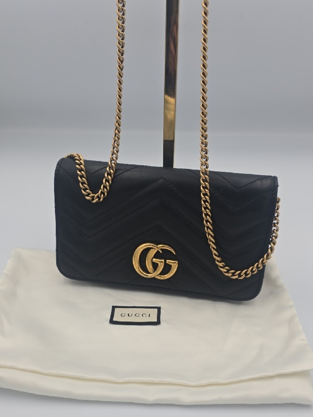 Gucci GG Marmont Black Matelassé Leather Wallet On Gold Chain (WOC) (EUC)(COA)🖤